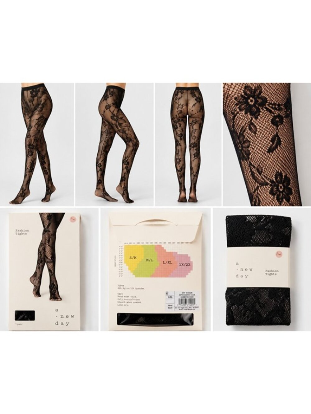 A New Day Women’s Floral Fashion Tights Black L/XL High Waist Slightly Sheer NWT